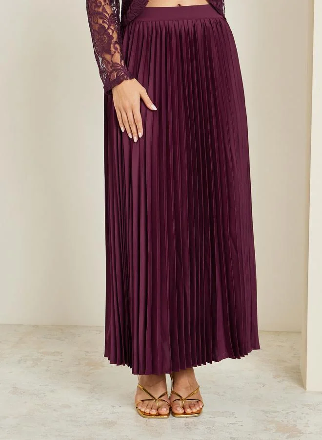 Styli  Burgundy Lace Top and Pleated Skirt Co-ords for Women | Best Price UAE