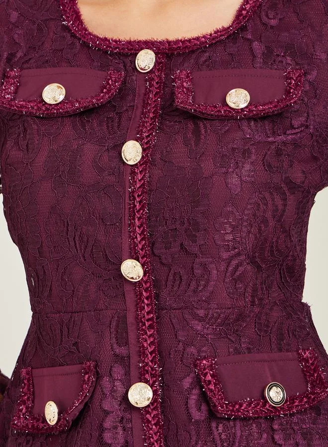 Styli  Burgundy Lace Top and Pleated Skirt Co-ords for Women | Best Price UAE