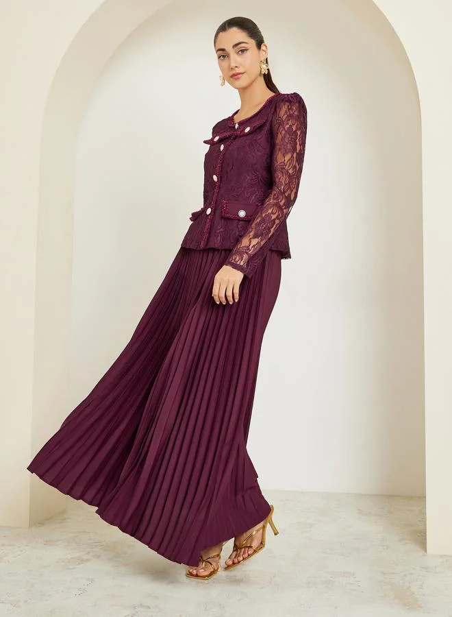 Styli Burgundy Lace Top and Pleated Skirt Co-ords