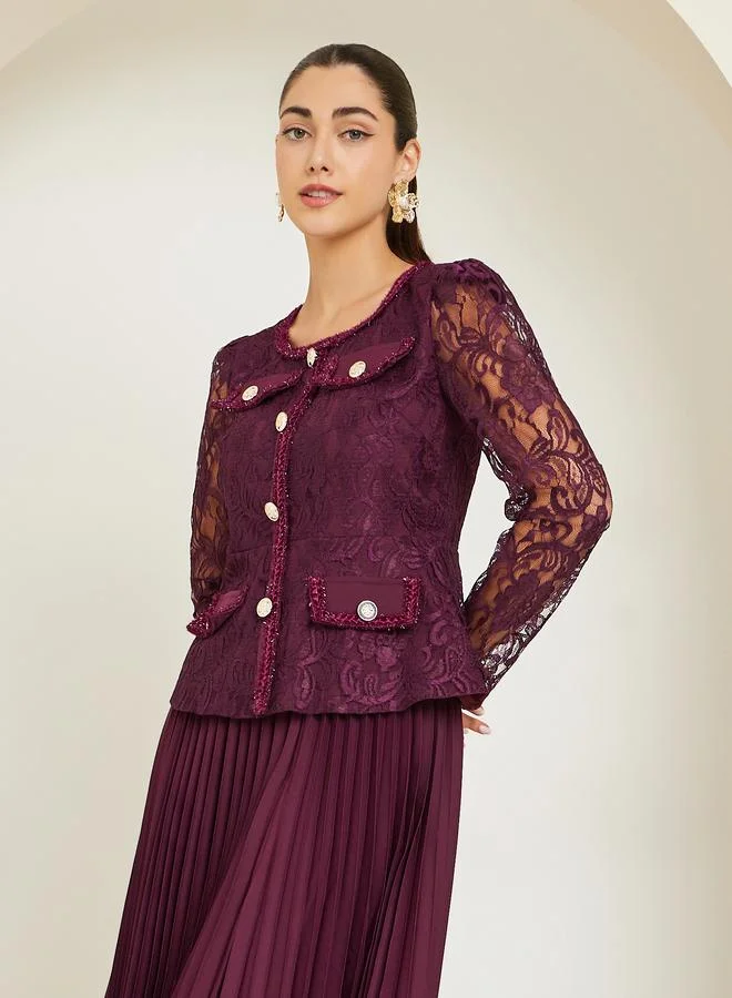 Styli Burgundy Lace Top and Pleated Skirt Co-ords