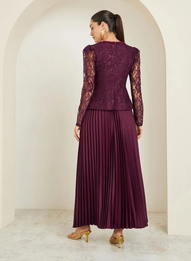 Styli  Burgundy Lace Top and Pleated Skirt Co-ords for Women | Best Price UAE