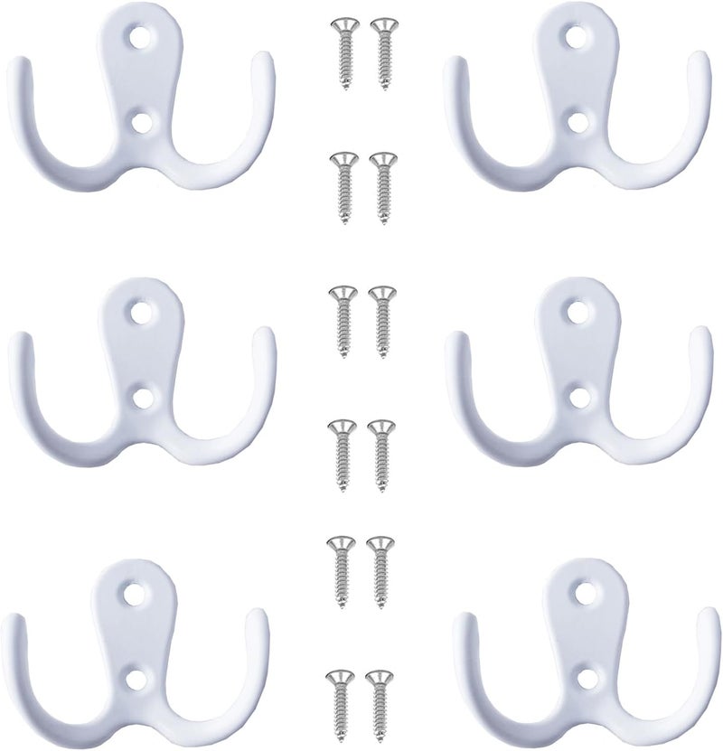 6 Pcs Double Prong Coat Hooks Wall Mounted Metal Hooks for Clothes Towels Bags - Image 1