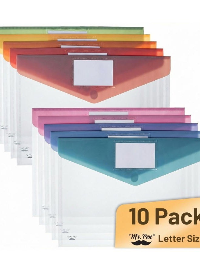 Mr. Pen Plastic Envelopes, 10 Pack, A4, Letter Size, Colorful Flaps, Plastic File Folder with Label Pocket, Plastic Envelopes with Snap Closure, Plastic File Folders, Plastic Envelopes for Documents - Image 1