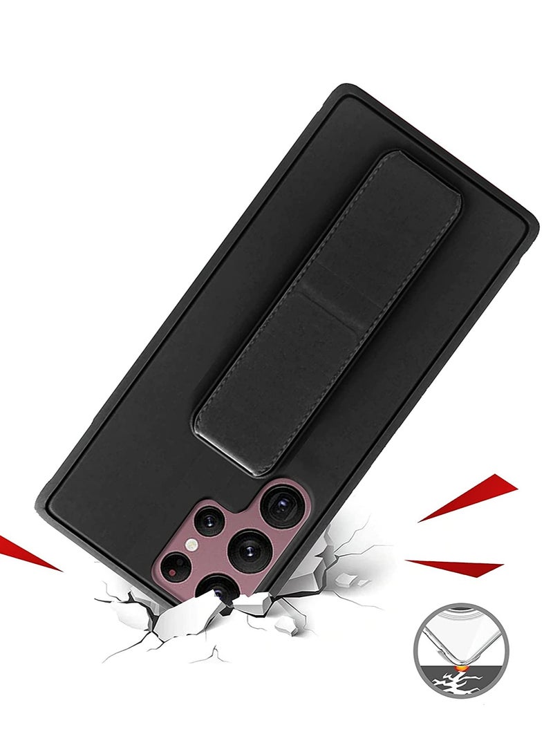 Premium Quality Silicone Slim PU Leather Kick Back Stand Grip Case Cover with Enhanced Protection of Wrist Strap Hand Band Cover Case for Samsung Galaxy S22 Ultra 5G (Black) - Image 3