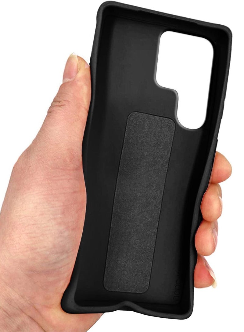 Premium Quality Silicone Slim PU Leather Kick Back Stand Grip Case Cover with Enhanced Protection of Wrist Strap Hand Band Cover Case for Samsung Galaxy S22 Ultra 5G (Black) - Image 2