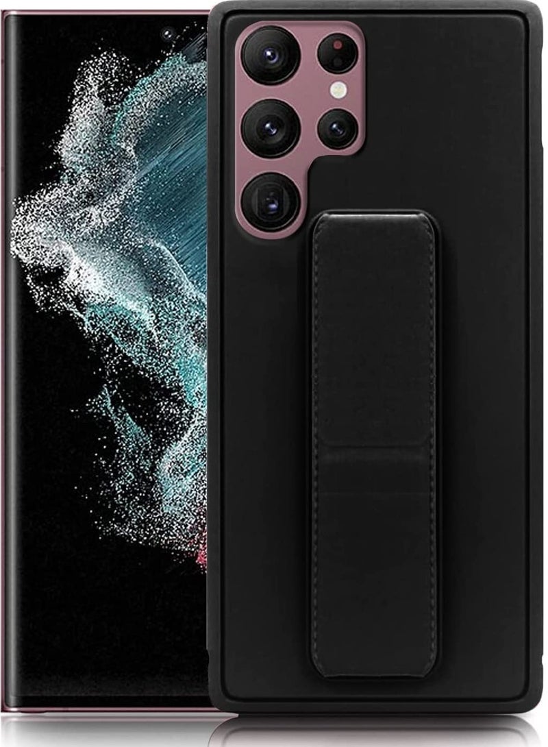 Premium Quality Silicone Slim PU Leather Kick Back Stand Grip Case Cover with Enhanced Protection of Wrist Strap Hand Band Cover Case for Samsung Galaxy S22 Ultra 5G (Black) - Image 1