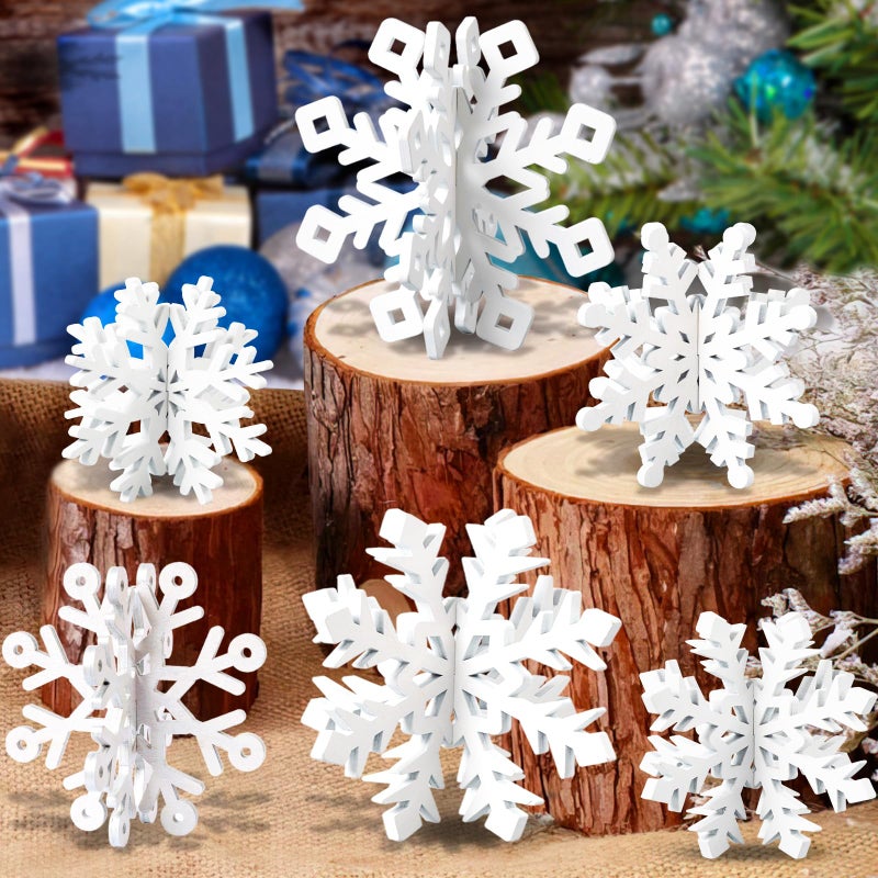 OuMuaMua 6 Set Snowflake Christmas Table Decorations 12pcs White Wooden 3D Snowflake Decor Tabletop Centerpiece for Christmas Party Supplies Home Decor - Image 2