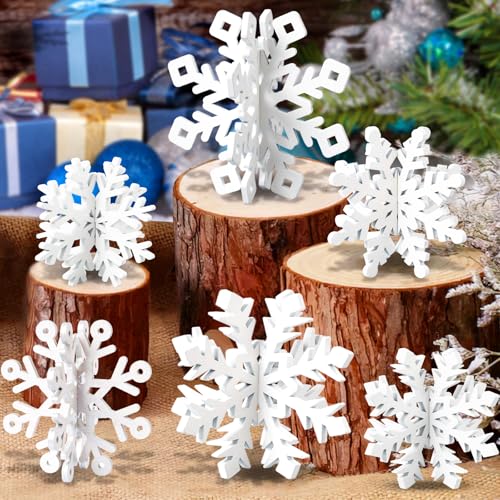 OuMuaMua 6 Set Snowflake Christmas Table Decorations 12pcs White Wooden 3D Snowflake Decor Tabletop Centerpiece for Christmas Party Supplies Home Decor - Image 1