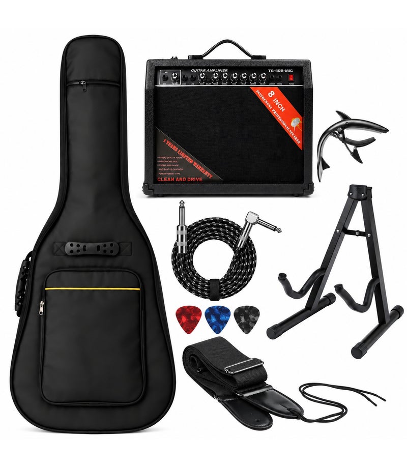 Megarya Electric Guitar Amplifier & Accessories Bundle with TG-40R-MIC 8-Inch Amp, Gig Bag, Folding Guitar Stand, Capo, Cable, Strap & 3 Picks, Practice Starter Kit - Image 1