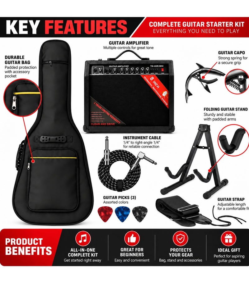 Megarya Electric Guitar Amplifier & Accessories Bundle with TG-40R-MIC 8-Inch Amp, Gig Bag, Folding Guitar Stand, Capo, Cable, Strap & 3 Picks, Practice Starter Kit - Image 2