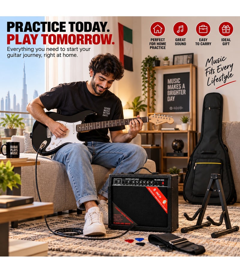 Megarya Electric Guitar Amplifier & Accessories Bundle with TG-40R-MIC 8-Inch Amp, Gig Bag, Folding Guitar Stand, Capo, Cable, Strap & 3 Picks, Practice Starter Kit - Image 4