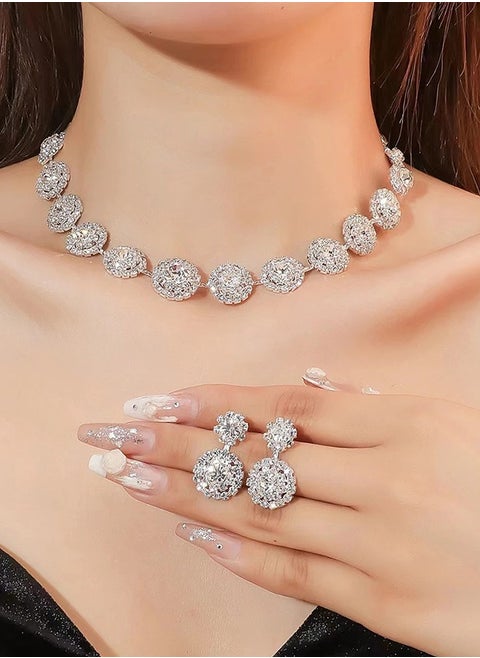 2 Piece Cubic Zirconia Bridal Jewelry Sets for Wedding, Crystal Necklace Dangle Earring Bracelet Jewelry Sets for Women, Prom Costume Jewelry Gifts