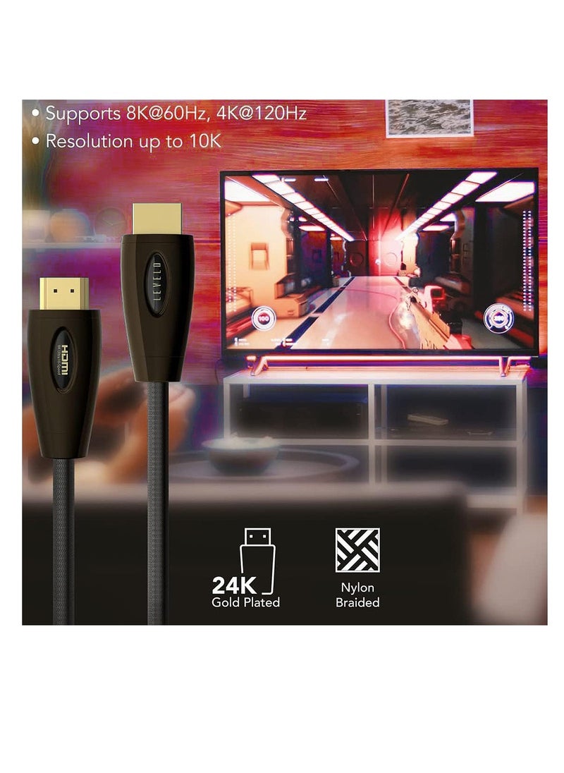 LEVELO 8K60Hz HDMI Cable V2.1 with 2 Meter Length , Zinc-Alloy Shell, Gold-Plated, Nylon Woven, 10K Resolution, HDR Support, 48Gbps Bandwidth Levelo - Black  - Image 4
