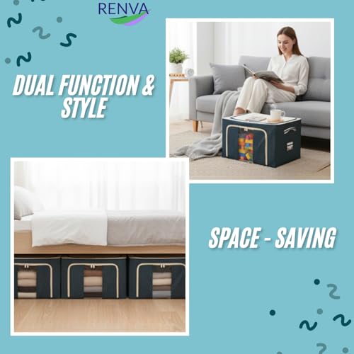RENVA 2 PCS polycotton Clothes Storage Organizer Bins, Foldable Storage Bins-Cloth Steel Frame Storage Box with Foldable Clear Window & Reinforced Handles (Blue, 66L-2) - Image 5