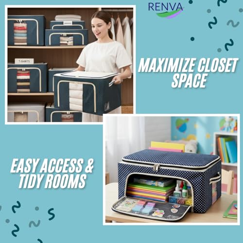 RENVA 2 PCS polycotton Clothes Storage Organizer Bins, Foldable Storage Bins-Cloth Steel Frame Storage Box with Foldable Clear Window & Reinforced Handles (Blue, 66L-2) - Image 4