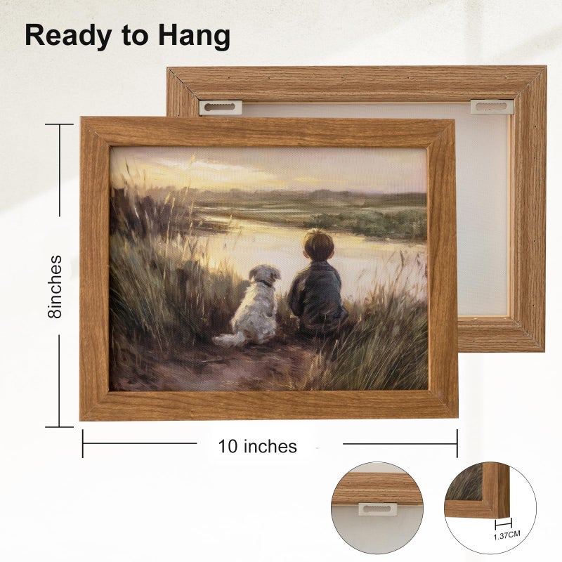 JolyWell Framed Boy Fishing Wall Decor Painting, fall wall art Dog and Boy Landscape Canvas Vintage Country Farmhouse Prints Artwork for Bedroom Living Room 10x8 inch - Image 2