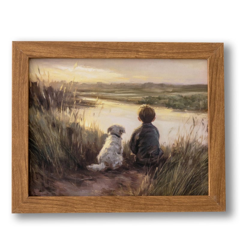 JolyWell Framed Boy Fishing Wall Decor Painting, fall wall art Dog and Boy Landscape Canvas Vintage Country Farmhouse Prints Artwork for Bedroom Living Room 10x8 inch - Image 1