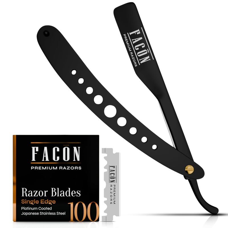 FACON شفرة فاسكون المستقيمة للرجال - مجموعة شفرات حلاقة احترافية مع 100 شفرة، ماكينة حلاقة باربيرو من الفولاذ المقاوم للصدأ للحصول على حلاقة سلسة ودقيقة، ماكينة حلاقة باربير متميزة لحلاقة الرجال - Image 1