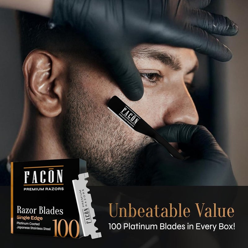 FACON شفرة فاسكون المستقيمة للرجال - مجموعة شفرات حلاقة احترافية مع 100 شفرة، ماكينة حلاقة باربيرو من الفولاذ المقاوم للصدأ للحصول على حلاقة سلسة ودقيقة، ماكينة حلاقة باربير متميزة لحلاقة الرجال - Image 5