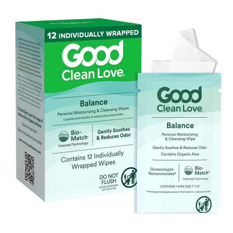 مناديل نسائية متوازنة pH من Good Clean Love تدعم صحة المهبل بشكل طبيعي وتقلل من الرائحة غير مهيجة ومرطبة ومنظفة منتج صحي مصنوع من الألوة العضوية 12 قطعة