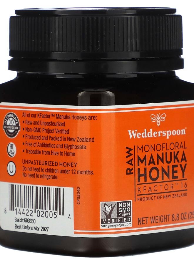 Wedderspoon Raw Monofloral Manuka Honey KFactor 16 8.8 oz (250 g)