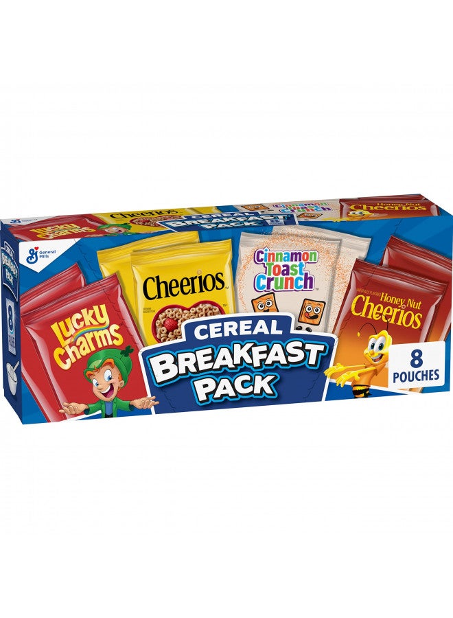 General Mills General Mills Breakfast Cereal Variety Pack, Lucky Charms, Cinnamon Toast Crunch, and Cheerios Varieties, Single Serve Snacks, 9.14 oz (8 Pouches)  - Image 1