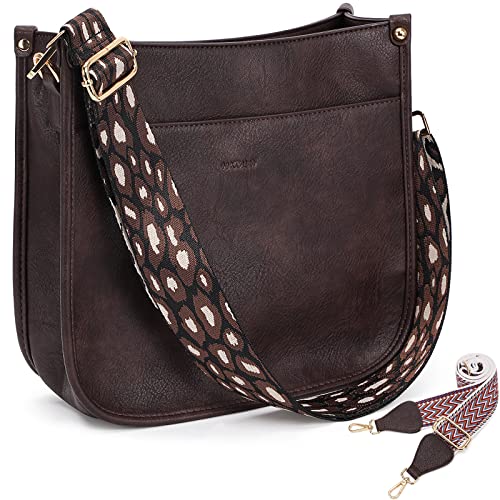 HKCLUF Crossbody Bags for Women Trendy Vegan Leather Hobo Handbags With 2 Adjustable Guitar Strap Crossbody Bucket Purse for Women(Deepcoffee) - Image 1