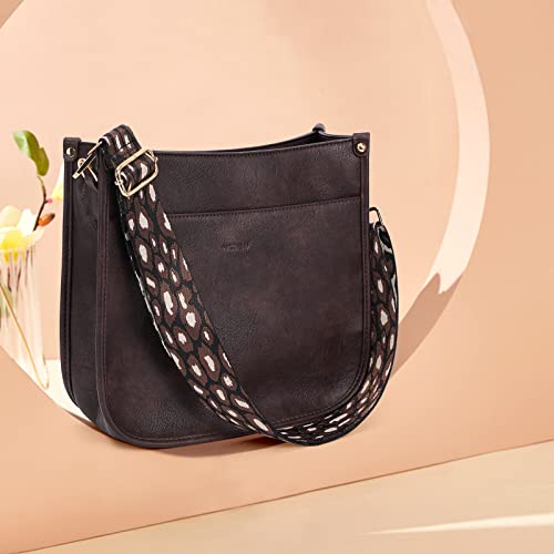 HKCLUF Crossbody Bags for Women Trendy Vegan Leather Hobo Handbags With 2 Adjustable Guitar Strap Crossbody Bucket Purse for Women(Deepcoffee) - Image 5