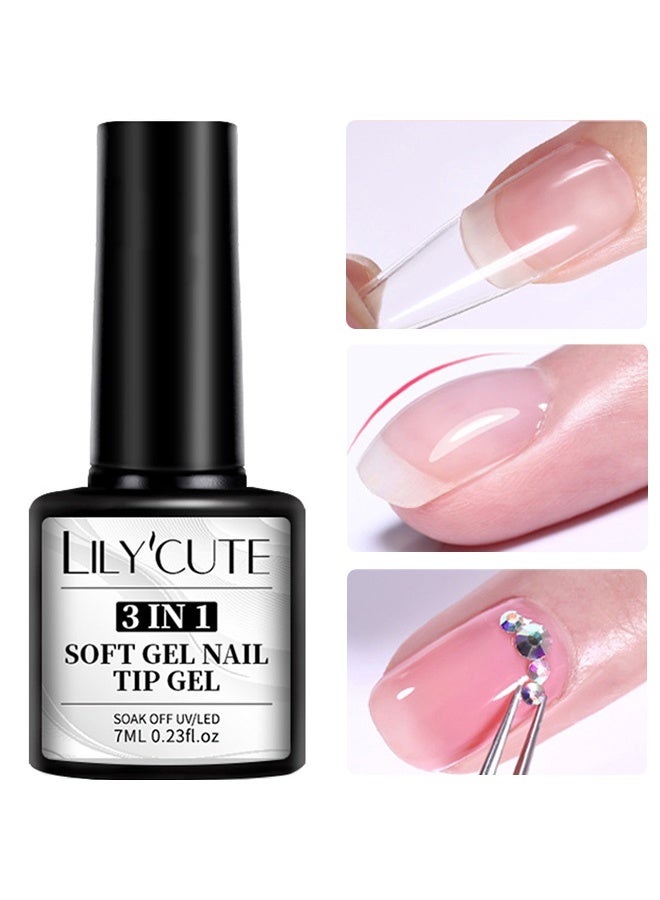 LILYCUTE 3 IN 1 Soft Gel Nail Tip Gel, Soak Off UV/LED, Nail Glue Gel, Long Lasting Extension Glue for Clear Nail Tips and Clear Press on Nails, Nail Repair Treatment, Salon Art DIY at Home Need U V Light Cured 7ML - Image 1