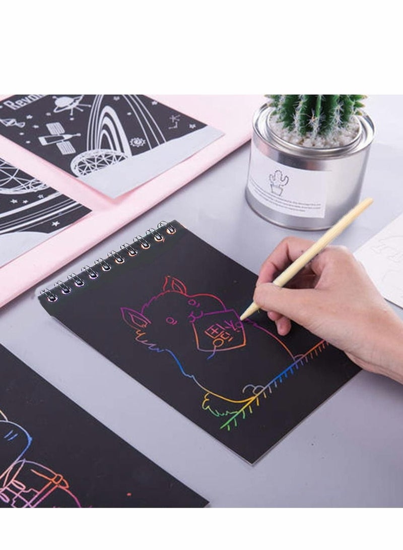 SYOSI 8 Pack Scratch Notebooks, Rainbow Scratch Note Combo Art Set, Magic Scratch Painting & Sketch Art Notes Drawing Notepads for Kids - Includes Drawing Stencil and Wooden Stylu with Each Note - Image 5