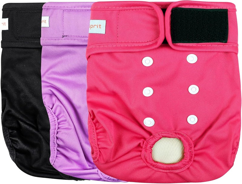 Langsprit Washable Female Dog Diapers (3 Pack) - No Leak Reusable Diapers for Doggy Female in Period - Highly Absorbent Dog Heat Panties with Adjustable Snaps (Black, Pink, Purple, Large) - Image 1