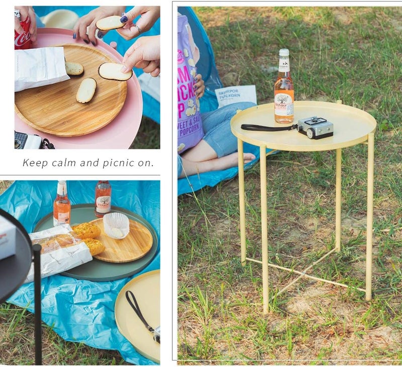 Lomani Tray Metal End Table, Removable and Foldable Round Side Table for Snack, Outdoor and Indoor Small Round Sofa Tray End Table, Anti-Rust & Waterproof Coffee Tea Table – Yellow - Image 3