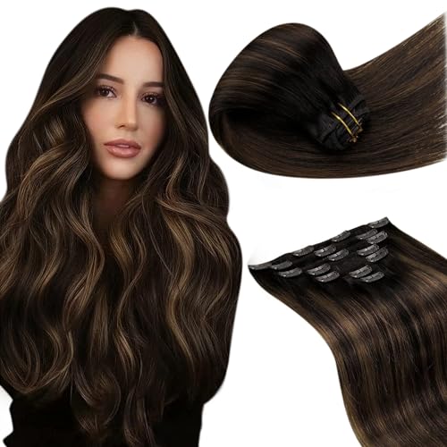 LaaVoo Hair Extensions Clip ins Balayage Dark Brown Clip in Hair Extensions Brown Balayage Human Hair Clip in Extensions Double Weft 18Inch 7Pcs 120g
