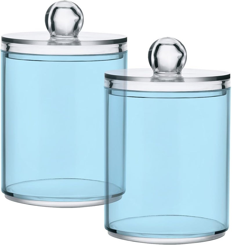 Eionryn Light Blue Qtip Dispenser Apothecary Jars Bathroom Qtip Holder Storage Canister 10 Oz Plastic Jar for Cotton Ball Swab Round Pads Floss 2pcs - Image 1