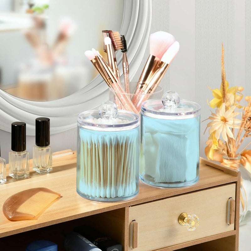 Eionryn Light Blue Qtip Dispenser Apothecary Jars Bathroom Qtip Holder Storage Canister 10 Oz Plastic Jar for Cotton Ball Swab Round Pads Floss 2pcs - Image 5