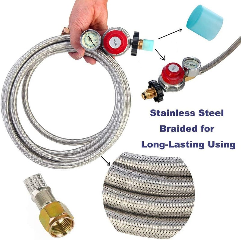 LONGADS 18FT High Pressure Propane Regulator with Hose, Adjustable 0-30 PSI Regulator with Gauge, Stainless Steel Braided Hose, Connect 5-100LB POL Propane Tank to Fire Pit Burner Heater Fryer Smoker Griddle - Image 2