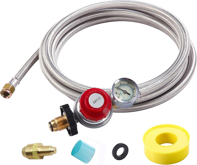 LONGADS 18FT High Pressure Propane Regulator with Hose, Adjustable 0-30 PSI Regulator with Gauge, Stainless Steel Braided Hose, Connect 5-100LB POL Propane Tank to Fire Pit Burner Heater Fryer Smoker Griddle - Image 1