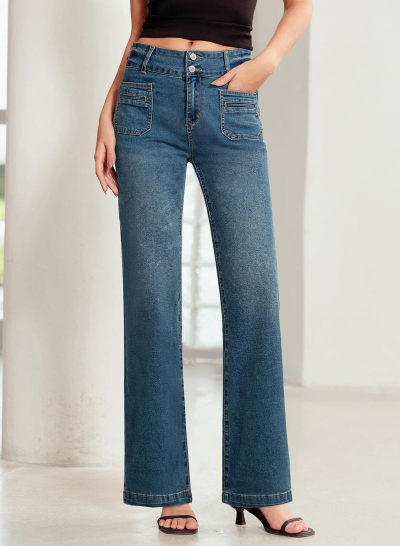 Sidefeel Women's High Waisted Tummy Control Jeans Stretchy Wide Leg Pockets Front Denim Pants Real Teal Size 4 - Image 5