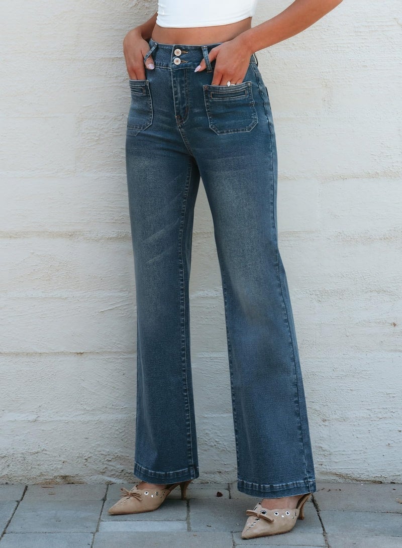 Sidefeel Women's High Waisted Tummy Control Jeans Stretchy Wide Leg Pockets Front Denim Pants Real Teal Size 4 - Image 3