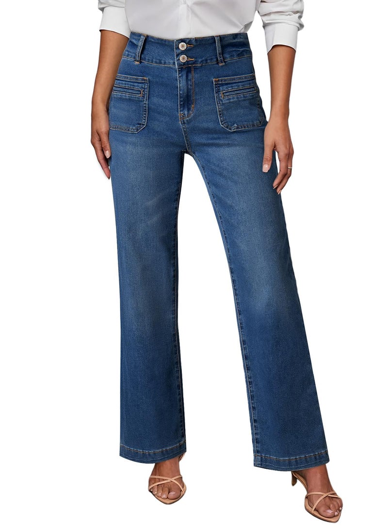Sidefeel Women's High Waisted Tummy Control Jeans Stretchy Wide Leg Pockets Front Denim Pants Real Teal Size 4 - Image 1
