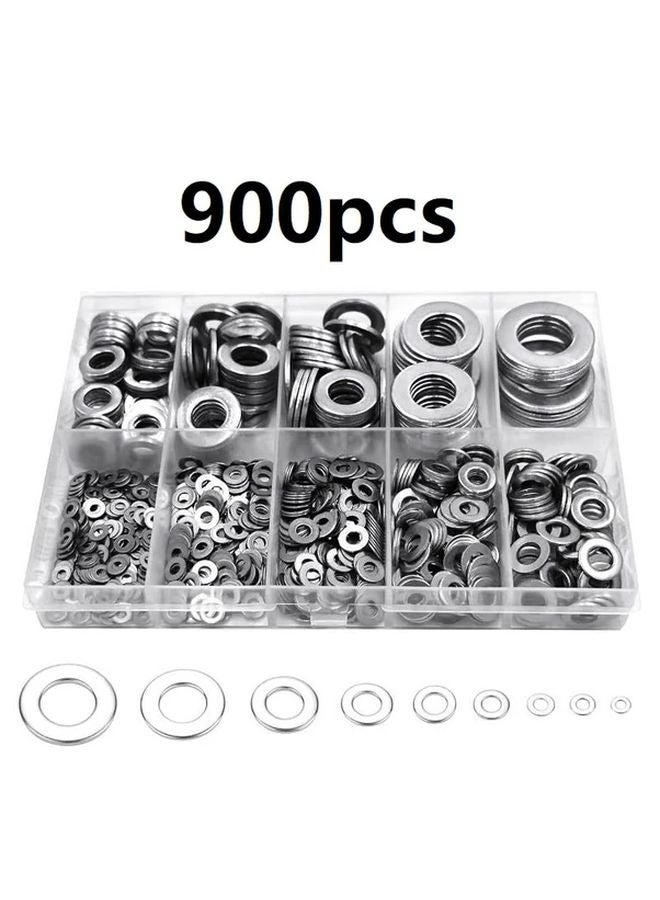 900Pcs Silvery Stainless Steel Large Fender Washers Assortment Kit 9 Sizes - Image 1