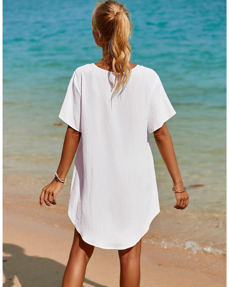 SimpleFun Swimsuit Coverup for Women Flowy Lace Crochet Short Sleeve White Beach Dress Cover Up for Bathing Suits White M - Image 4