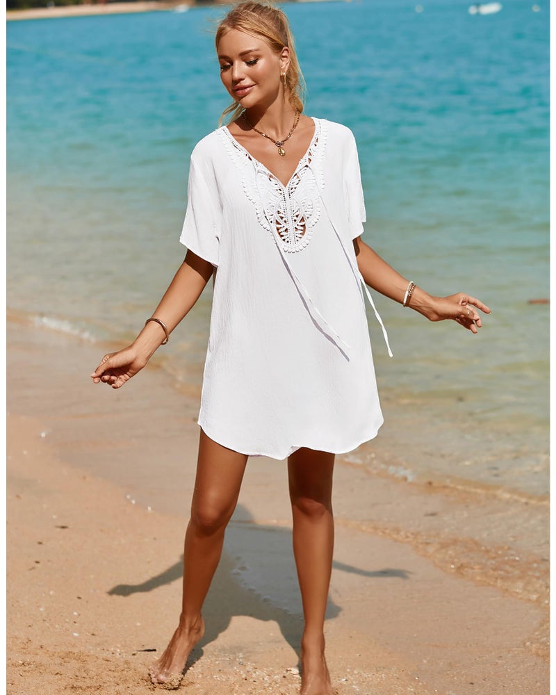 SimpleFun Swimsuit Coverup for Women Flowy Lace Crochet Short Sleeve White Beach Dress Cover Up for Bathing Suits White M - Image 5