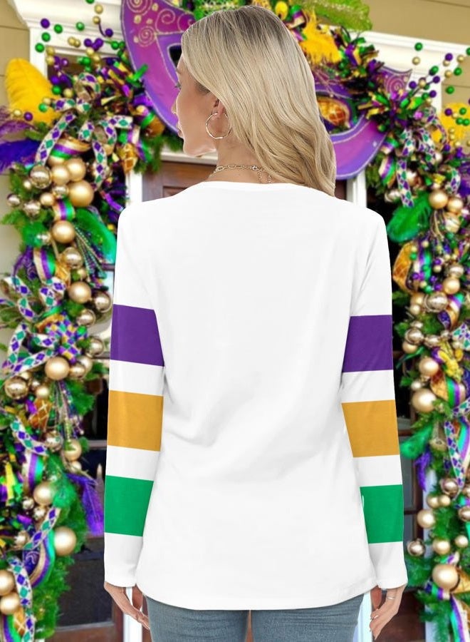 MYHALF Mardi Gras Shirts for Women: Tuesday Long Sleeve Tshirt Carnival Graphic Tees Tops Funny Holiday Parade Outfits White a - Image 3