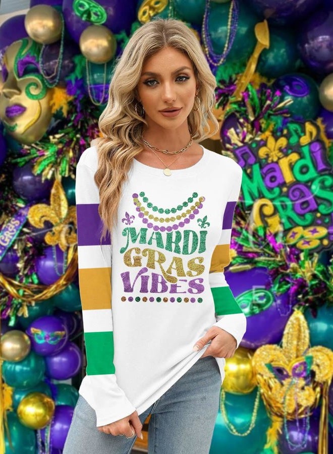 MYHALF Mardi Gras Shirts for Women: Tuesday Long Sleeve Tshirt Carnival Graphic Tees Tops Funny Holiday Parade Outfits White a - Image 4