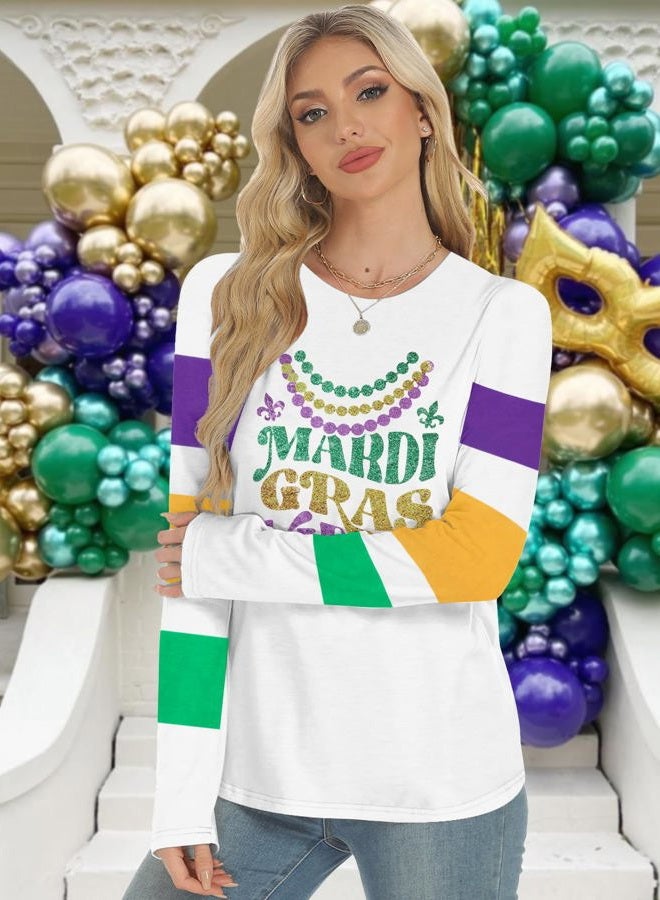MYHALF Mardi Gras Shirts for Women: Tuesday Long Sleeve Tshirt Carnival Graphic Tees Tops Funny Holiday Parade Outfits White a - Image 5