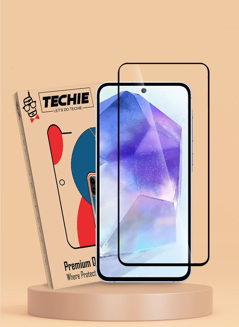 Techie واقي شاشة كامل من الزجاج المقوى عالي الجودة بدرجة صلابة 10H لهاتف Samsung Galaxy A55 - مضاد للخدش ومضاد لبصمات الأصابع ومضاد للفقاعات - Image 1