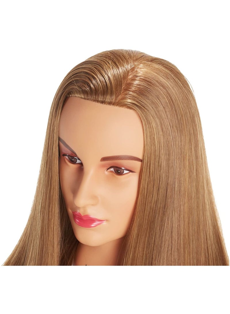 إستيل رأس مانيكان لتصفيف الشعر وتدريب رأس مانيكين للتجميل دمية رأس من الألياف الاصطناعية للشعر وحامل مشبك مجاني رملي ذهبي - Image 3