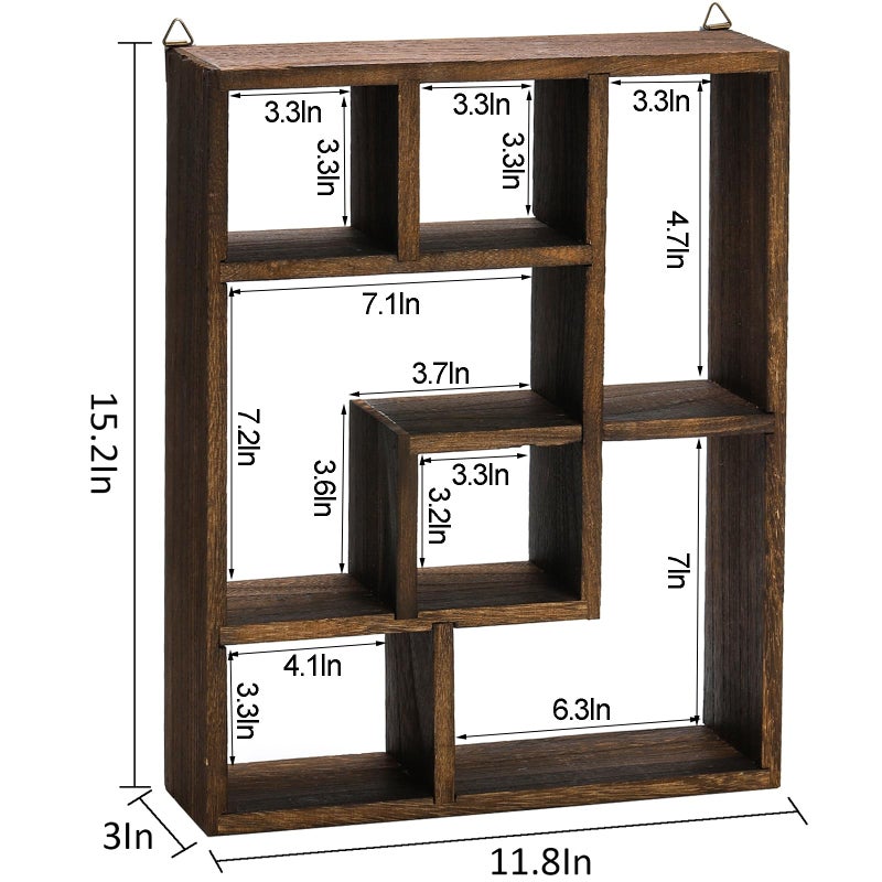 WUWEOT Wood Shadow Box, 15" x 12" Cubes Display Shelf, Freestanding & Wall Mountable Floating Shelves, 7-Compartment Knickknack Display Organizer with Screws for Christmas - Image 2