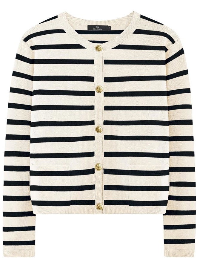 LILLUSORY Women's Striped Cardigan Sweaters Fall Outfits Clothes Fashion Trendy Long Sleeve Tops Casual Knit Lady Jackets Apricot Black XL - Image 1
